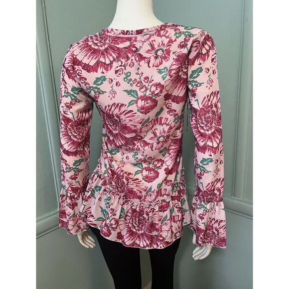 Plenty Tracy Reece XS Bright Pink Floral Long Slv Floral Tie Neck Peplum Tunic - Picture 3 of 6